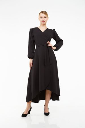 Kadın Siyah Asimetrik Kruvaze Yaka Elbise