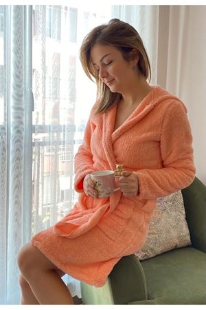 Kadın Yavruağzı Cepli Peluş Welsoft Kışlık Sabahlık 15P-4091