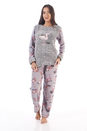 Kadın Gri Flamingo Desenli Kışlık Polar Peluş Pijama Takımı 18D-1935-1