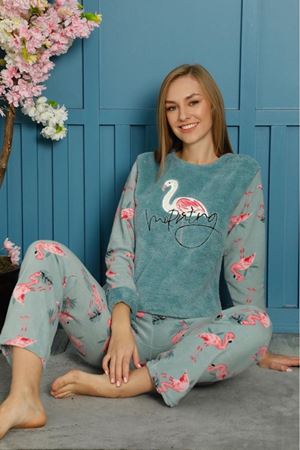 Kadın Mint Flamingo Desenli Kışlık Polar Pijama Takım 6D-19220