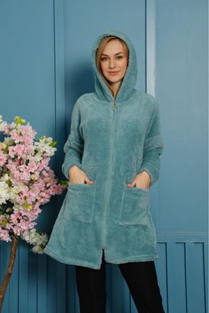 Kadın Mint Kışlık Kapüşonlu Fermuarlı Peluş Hırka 2C-4097