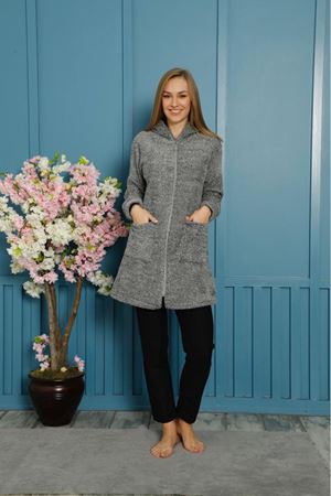 Kadın Gri Kışlık Kapüşonlu Fermuarlı Peluş Hırka 2C-4096