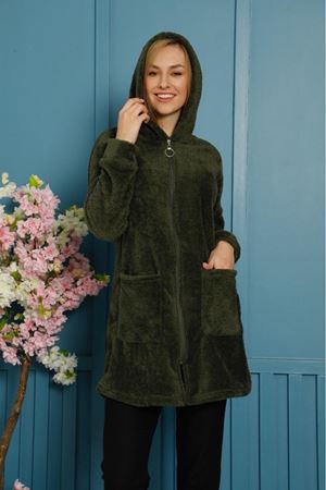 Kadın Haki Kışlık Kapüşonlu Fermuarlı Peluş Hırka 2D-4099