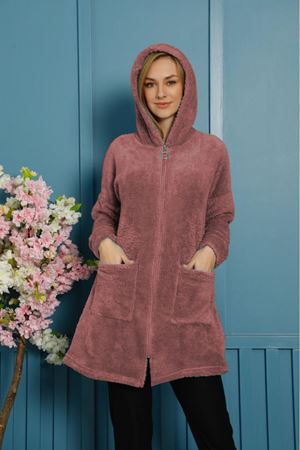 Kadın Gül Kurusu Kışlık Kapüşonlu Fermuarlı Peluş Hırka 2E-4098