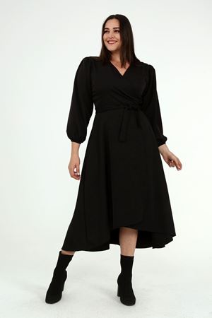 Kadın Siyah Asimetrik Kruvaze Yaka Elbise 18K-4079