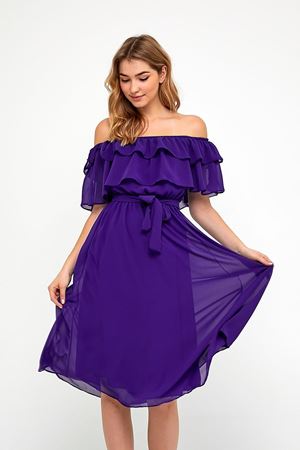  Kadın Carmen Yaka Şifon Mor Elbise 18E-5007