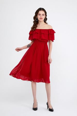  Kadın Carmen Yaka Şifon Kırmızı Elbise 2D-5012