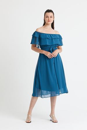  Kadın Carmen Yaka Şifon Petrol Mavisi Elbise 2D-5013