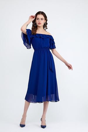  Kadın Carmen Yaka Şifon Saks Mavi Elbise 2E-5014