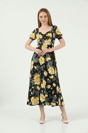 Kadın Renkli Öpücük Yaka Karpuz Kol Viscon Uzun Elbise 13C-5022