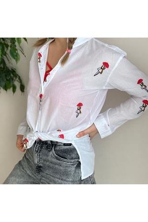 Kadın Beyaz Nakış işlemeli Pamuk Gömlek 4C-5026
