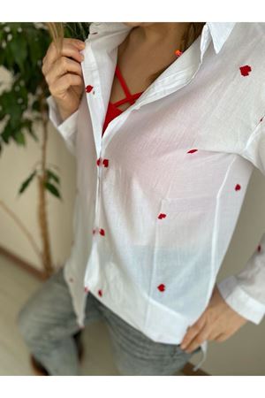 Kadın Beyaz Kalp Nakış işlemeli Pamuk Gömlek 4C-5025