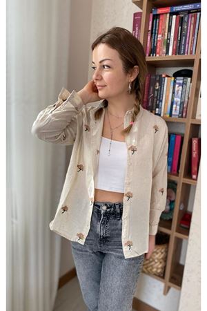 Kadın Bej Nakış işlemeli Pamuk Gömlek 4C-5027