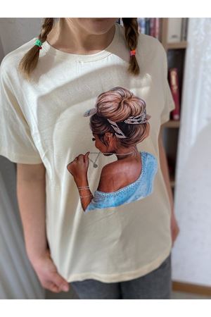 Kadın Sarı Taş İşlemeli Pamuklu T-Shirt 4C-5029