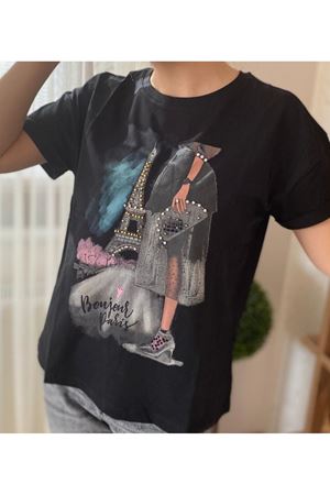 Kadın Siyah Taş İşlemeli Pamuklu T-Shirt 4C-5031