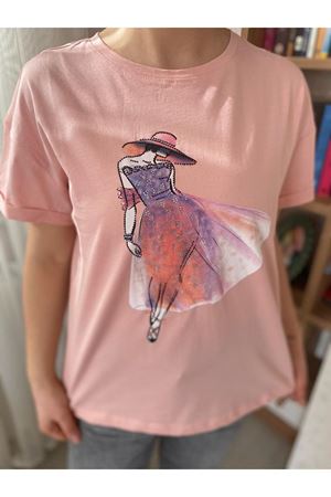 Kadın Pembe Taş İşlemeli Pamuklu T-Shirt 4C-5032