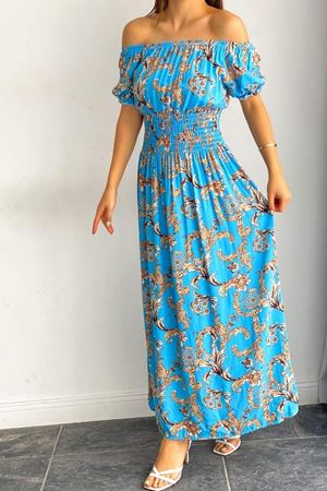 Kadın Madonna Yaka Mavi Gipeli Yazlık Elbise 12C-5051