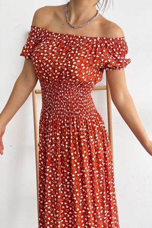 Kadın Madonna Yaka  Gipeli Turuncu Yazlık Elbise 12C-5056