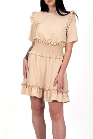 Kadın Aerobin Kumaş Beli Gipeli Kısa Kollu Bej Mini Elbise 12A-5060