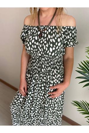 Kadın Madonna Yaka  Gipeli Yeşil Desenli Yazlık Elbise 12A-5063