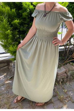 Kadın Madonna Yaka Gipeli Yeşil Yazlık Uzun Elbise 12A-5065