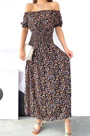 Kadın Madonna Yaka Gipeli Desenli Yazlık Uzun Elbise 12A-5066