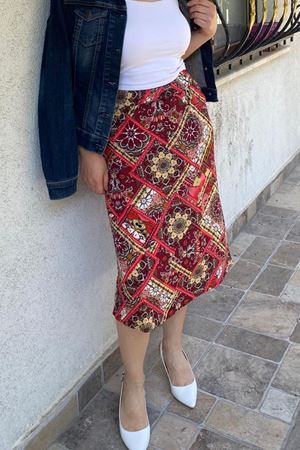 Kadın Renkli Kırmızı Cepli Midi Yazlık Etek 12D-5069