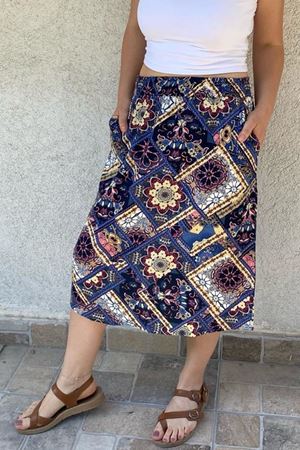 Kadın Renkli Lacivert Cepli Yazlık Midi Etek 12D-5068