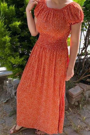 Kadın Madonna Yaka Gipeli Turuncu Yazlık Uzun Elbise 12A-5067