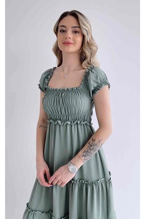 Kadın Gipe Detaylı Midi Boy Kısa Kollu Mint Kloş Elbise 5C-5076