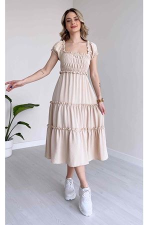 Kadın Gipe Detaylı Midi Boy Kısa Kollu Bej Kloş Elbise 10D-5078