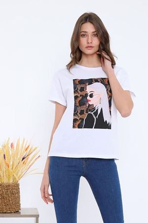 Kadın Beyaz Taş İşlemeli Pamuklu T-Shirt 4C-5034