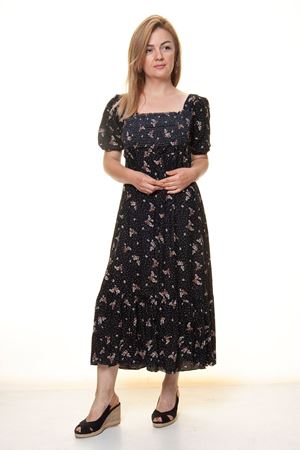 Kadın Kare Yaka Gipeli Balon Kol Yazlık Uzun Elbise 12A-5081