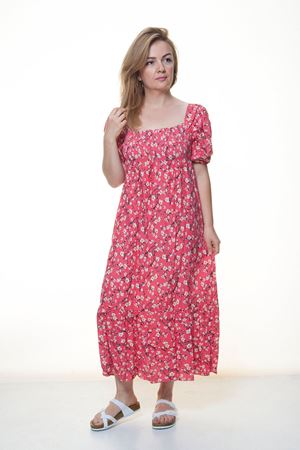 Kadın Kare Yaka Gipeli Balon Kol Yazlık Uzun Elbise 12A-5084