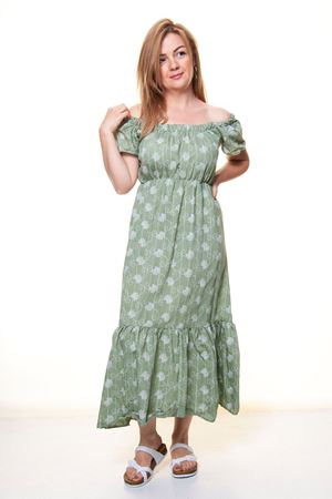 Kadın Madonna Yaka Gipeli Yeşil Puanlı Yazlık Midi Elbise 12A-5085