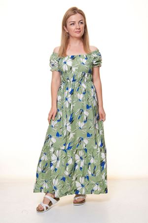 Kadın Madonna Yaka Gipeli Yeşil  Yazlık Uzun Elbise 12A-5088