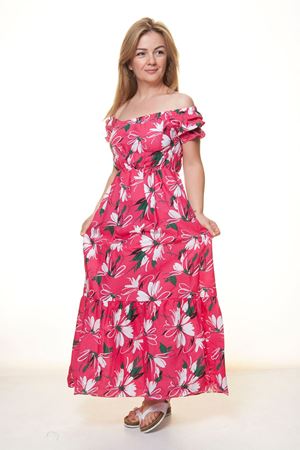 Kadın Madonna Yaka Gipeli Pembe  Yazlık Uzun Elbise 12A-5089
