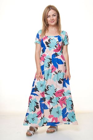 Kadın Madonna Yaka Gipeli Renkli  Yazlık Uzun Elbise 12A-5090