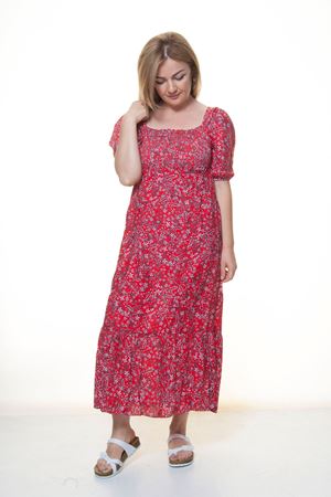 Kadın Kare Yaka Gipeli Balon Kol Yazlık Uzun Elbise 12A-5091