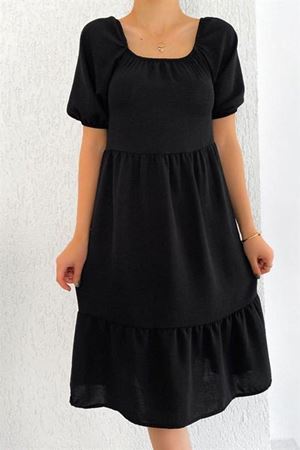 Kadın Kolu Lastikli Madonna Yaka Kısa Elbise 12A-6077