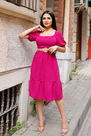 Kadın Kolu Lastikli Madonna Yaka Kısa Elbise(Kemer ürüne dahil değildir.) 12A-6081