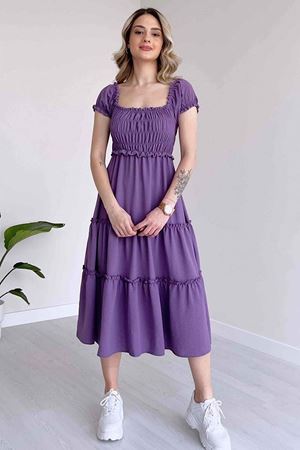 Kadın Gipe Detaylı Midi Boy Kısa Kollu Mor Kloş Elbise 10D-5079