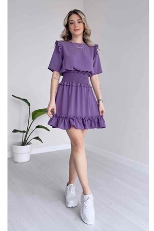 Kadın Aerobin Kumaş Beli Gipeli Kısa Kollu Mor Mini Elbise 1E-6087