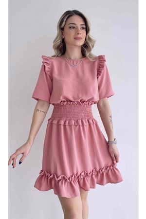 Kadın Aerobin Kumaş Beli Gipeli Kısa Kollu Pembe Mini Elbise 1E-6088