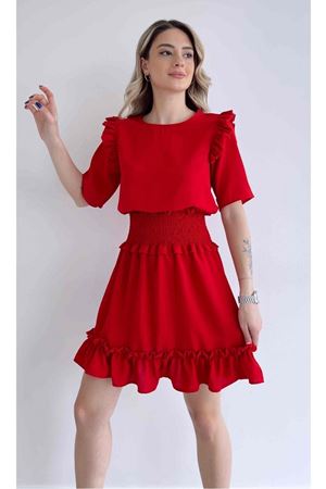 Kadın Aerobin Kumaş Beli Gipeli Kısa Kollu Kırmızı Mini Elbise 1E-6089