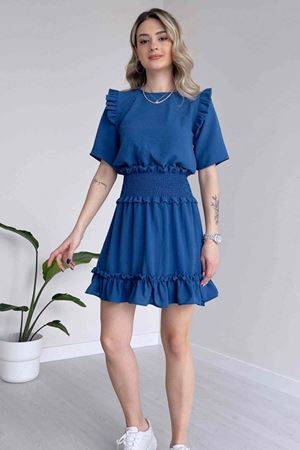 Kadın Aerobin Kumaş Beli Gipeli Kısa Kollu Mavi Mini Elbise 1E-6091