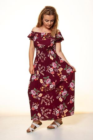 Kadın Madonna Yaka Mürdüm Gipeli Desenli Yazlık Uzun Elbise 12A-5083