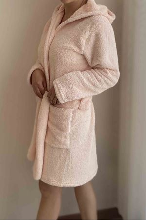 Kadın Soft Pudra Pembe Cepli Peluş Welsoft Kışlık Sabahlık 18P-6030