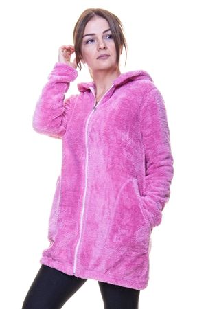 Kadın Pembe Kışlık Kapüşonlu Fermuarlı Peluş Üst Hırka 3D-6039