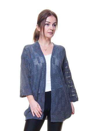 Kadın İnce Antrasit Gri Ajurlu Mevsimlik Triko Hırka 5D-6045